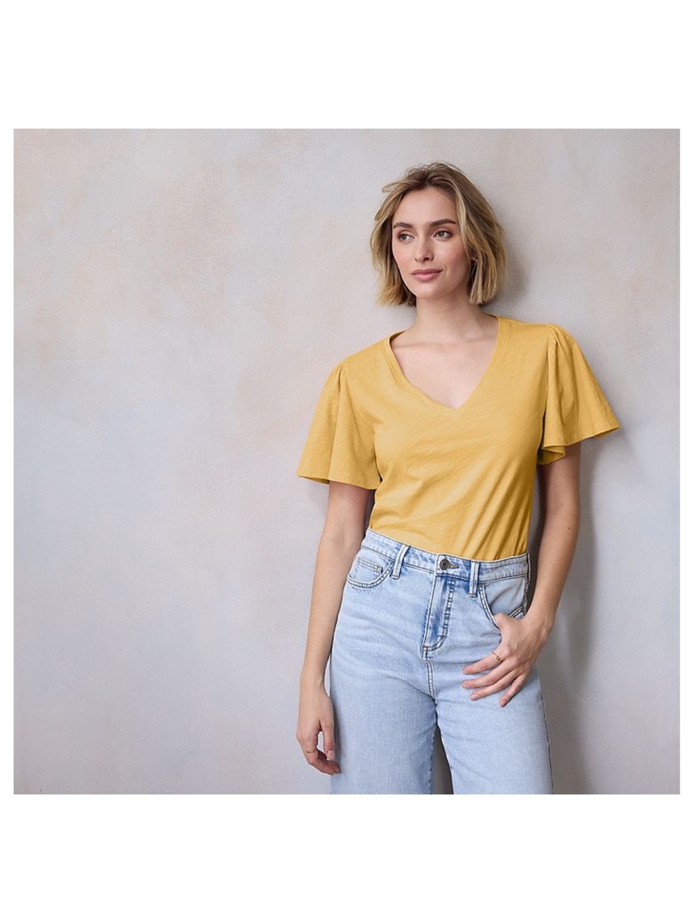 LC Lauren Conrad Mustard V-Neck Flutter Sleeve Tee